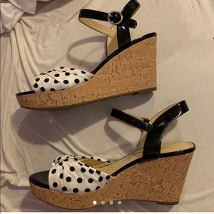 black and white polka dot wedges